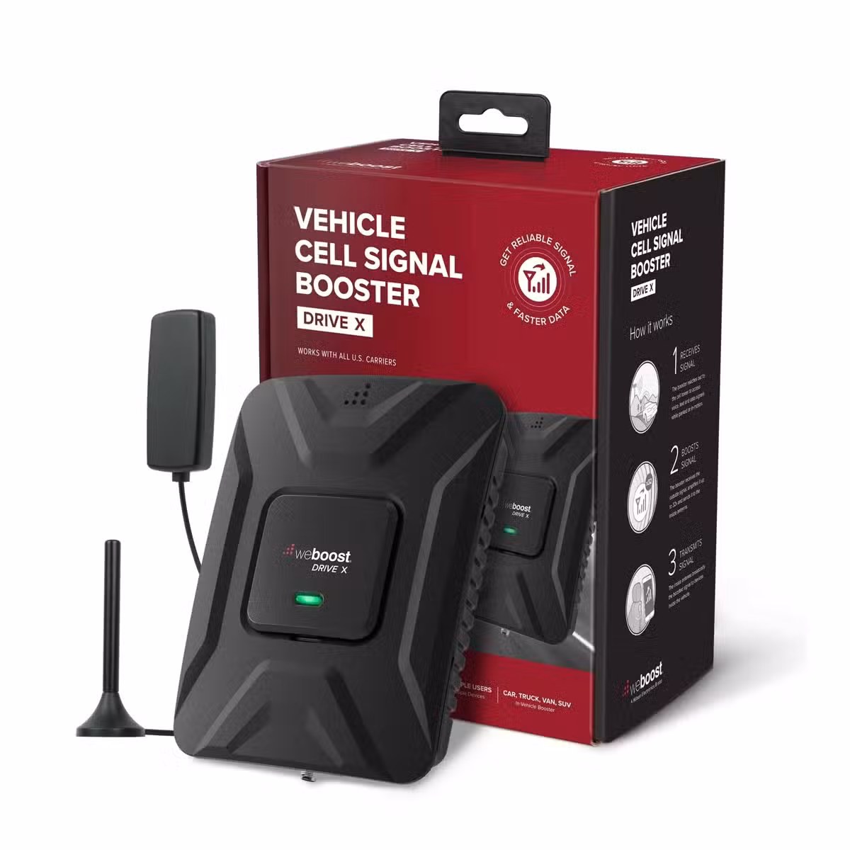 Kit weBoost Drive X 535021 con amplificador, antenas y empaque sobre fondo blanco