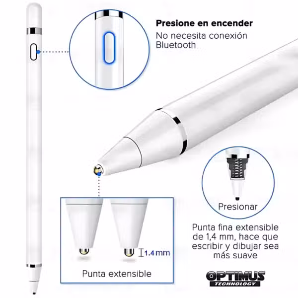 Lápiz óptico: botón de encendido, punta fina retráctil de 1,4 mm y uso sin conexión Bluetooth.