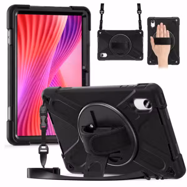 Estuche Anti-Shock negro de tres capas con correa 360° para Lenovo Idea Tab 11, vista individual sobre fondo blanco.
