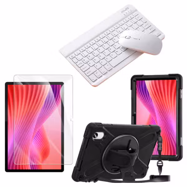 Kit Estuche Anti-Shock con Correa 360°, Vidrio Templado 9H, Teclado Bluetooth y Mouse para Lenovo Idea Tab 11 11" color Blanco, vista completa sobre fondo blanco.