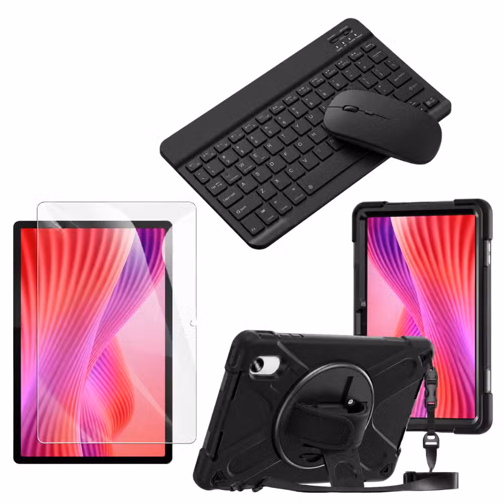 Kit Estuche Anti-Shock con Correa 360°, Vidrio Templado 9H, Teclado Bluetooth y Mouse para Lenovo Idea Tab 11 11" color Negro, vista completa sobre fondo blanco.