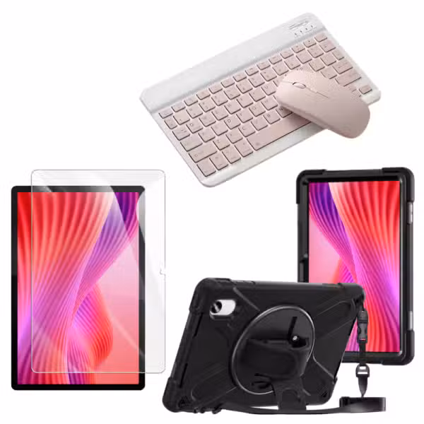 Kit Estuche Anti-Shock con Correa 360°, Vidrio Templado 9H, Teclado Bluetooth y Mouse para Lenovo Idea Tab 11 11" color Rosa, vista completa sobre fondo blanco.