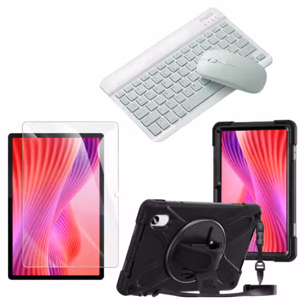 Kit Estuche Anti-Shock con Correa 360°, Vidrio Templado 9H, Teclado Bluetooth y Mouse para Lenovo Idea Tab 11 11" color Verde, vista completa sobre fondo blanco.