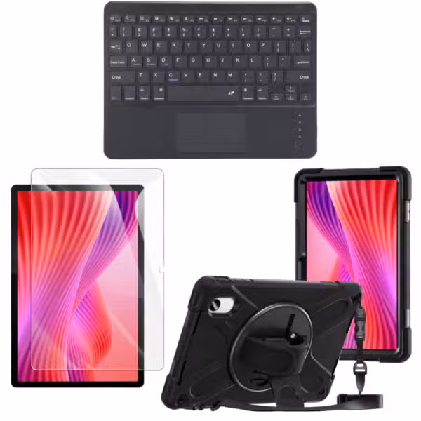 Kit Estuche Anti-Shock con Correa 360°, Vidrio Templado 9H y Teclado Bluetooth con Touchpad para Lenovo Idea Tab 11 11" color Negro, vista completa sobre fondo blanco.