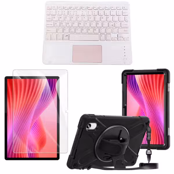 Kit Estuche Anti-Shock con Correa 360°, Vidrio Templado 9H y Teclado Bluetooth con Touchpad para Lenovo Idea Tab 11 11" color Rosa, vista completa sobre fondo blanco.