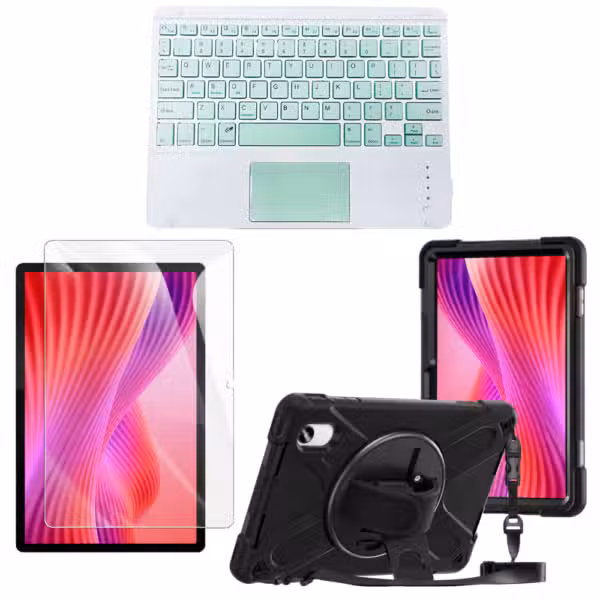 Kit Estuche Anti-Shock con Correa 360°, Vidrio Templado 9H y Teclado Bluetooth con Touchpad para Lenovo Idea Tab 11 11" color Verde, vista completa sobre fondo blanco.