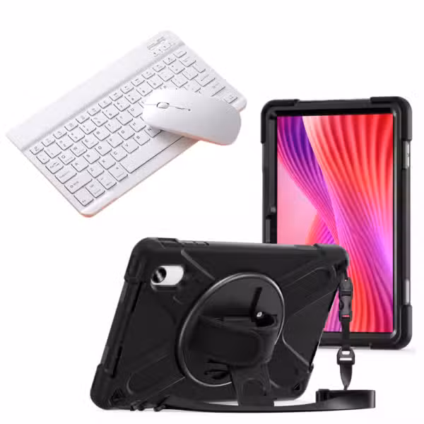 Kit Estuche Anti-Shock con Correa 360°, Teclado Bluetooth y Mouse para Lenovo Idea Tab 11 11" color Blanco, vista completa sobre fondo blanco.