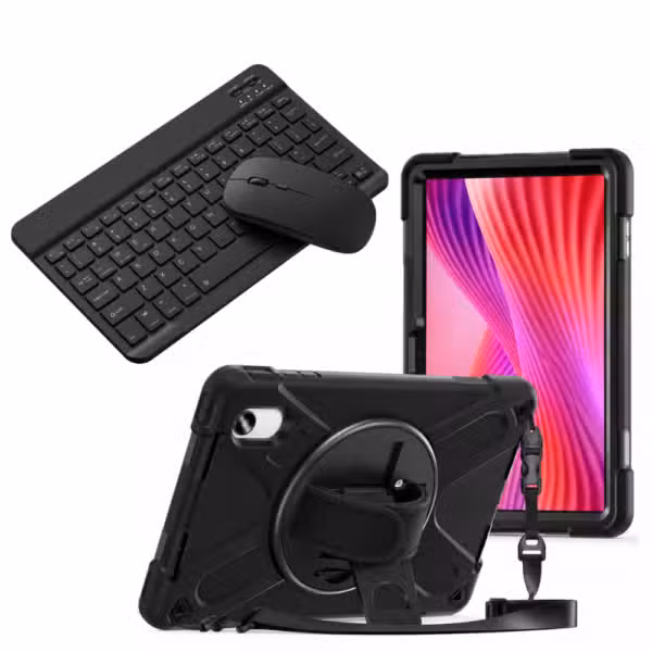 Kit Estuche Anti-Shock con Correa 360°, Teclado Bluetooth y Mouse para Lenovo Idea Tab 11 11" color Negro, vista completa sobre fondo blanco.