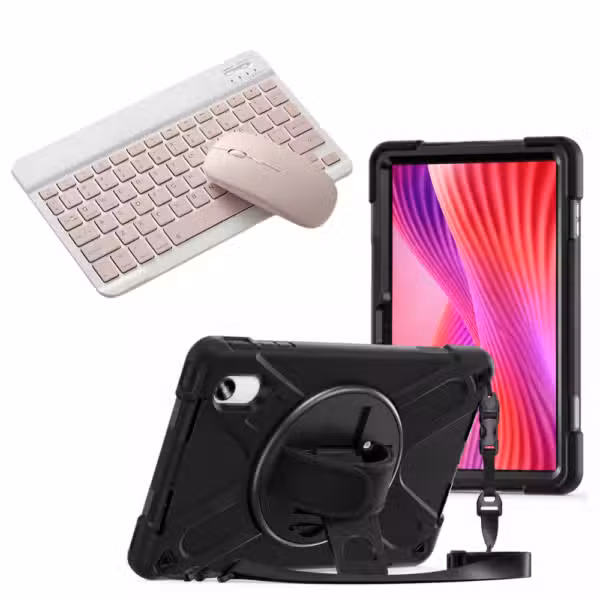 Kit Estuche Anti-Shock con Correa 360°, Teclado Bluetooth y Mouse para Lenovo Idea Tab 11 11" color Rosa, vista completa sobre fondo blanco.