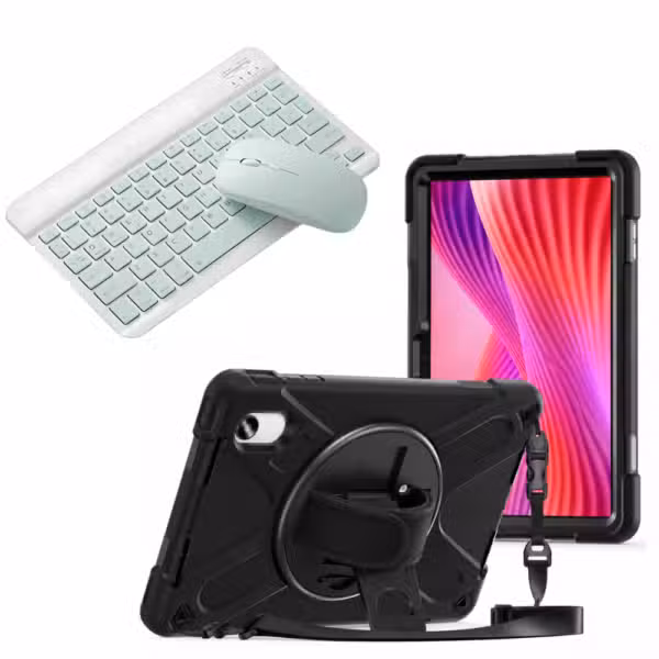 Kit Estuche Anti-Shock con Correa 360°, Teclado Bluetooth y Mouse para Lenovo Idea Tab 11 11" color Verde, vista completa sobre fondo blanco.