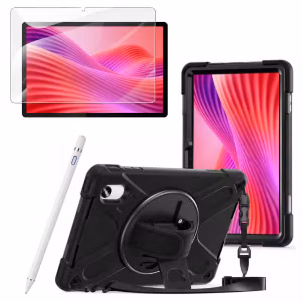 Kit Estuche Anti-Shock con Correa 360°, Lápiz Óptico y Vidrio Templado 9H para Lenovo Idea Tab 11 11" color Blanco, vista completa sobre fondo blanco.