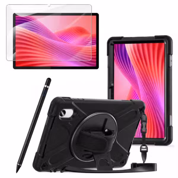 Kit Estuche Anti-Shock con Correa 360°, Lápiz Óptico y Vidrio Templado 9H para Lenovo Idea Tab 11 11" color Negro, vista completa sobre fondo blanco.