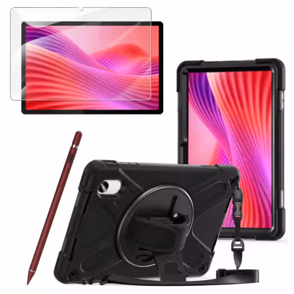 Kit Estuche Anti-Shock con Correa 360°, Lápiz Óptico y Vidrio Templado 9H para Lenovo Idea Tab 11 11" color Rojo, vista completa sobre fondo blanco.
