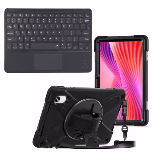 Kit Estuche Anti-Shock con Correa 360° y Teclado Bluetooth con Touchpad para Lenovo Idea Tab 11 11" color Negro, vista completa sobre fondo blanco.
