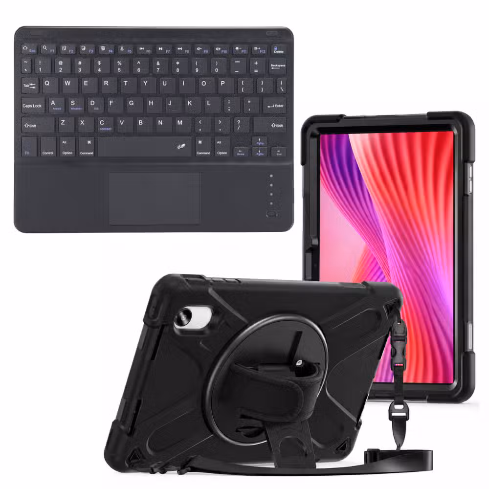 Kit Estuche Anti-Shock con Correa 360° y Teclado Bluetooth con Touchpad para Lenovo Idea Tab 11 11" color Negro, vista completa sobre fondo blanco.