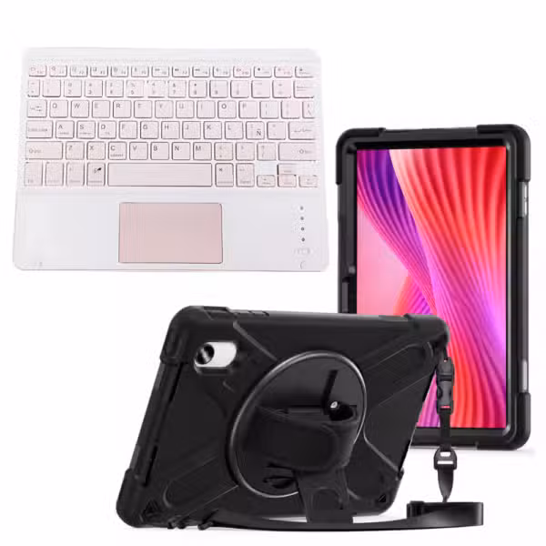 Kit Estuche Anti-Shock con Correa 360° y Teclado Bluetooth con Touchpad para Lenovo Idea Tab 11 11" color Rosa, vista completa sobre fondo blanco.