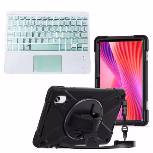 Kit Estuche Anti-Shock con Correa 360° y Teclado Bluetooth con Touchpad para Lenovo Idea Tab 11 11" color Verde, vista completa sobre fondo blanco.