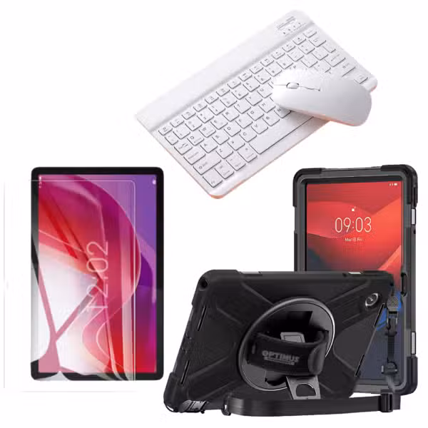 Kit para Lenovo Tab M11 con estuche antishock de correa 360°, vidrio templado y teclado Bluetooth con mouse blancos.