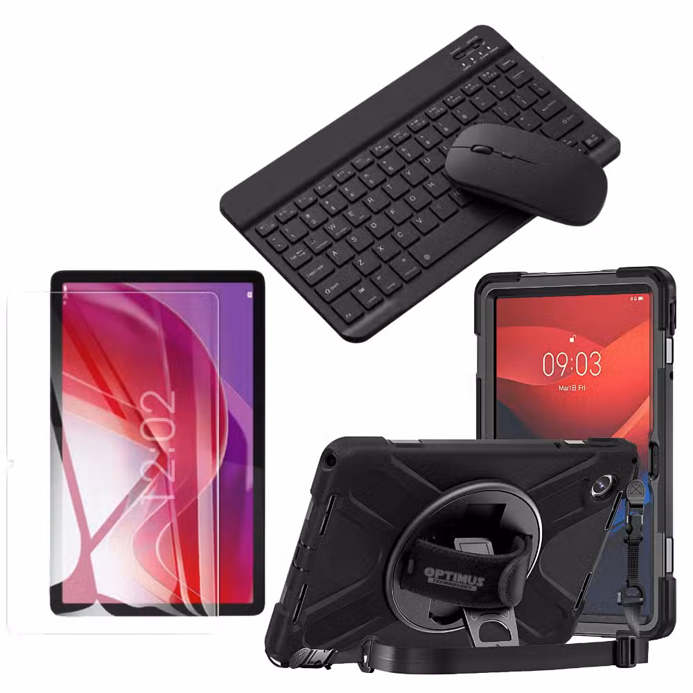 Kit para Lenovo Tab M11 con estuche antishock de correa 360°, vidrio templado y teclado Bluetooth con mouse negros.