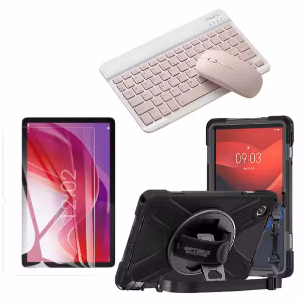 Kit para Lenovo Tab M11 con estuche antishock de correa 360°, vidrio templado y teclado Bluetooth con mouse rosa.