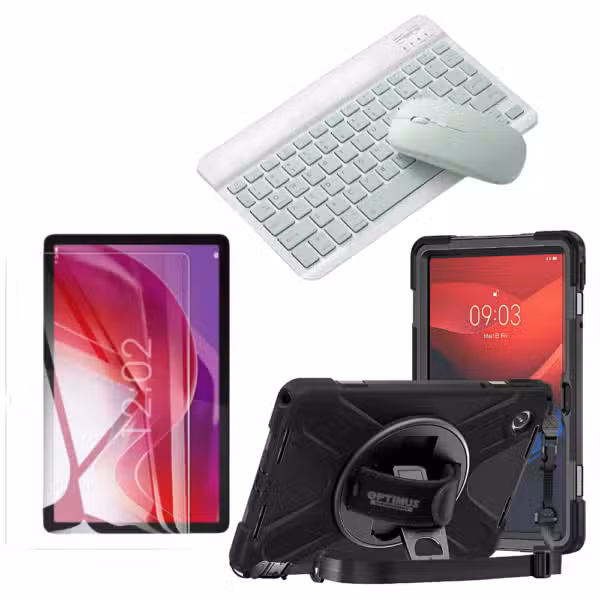 Kit para Lenovo Tab M11 con estuche antishock de correa 360°, vidrio templado y teclado Bluetooth con mouse verde menta.