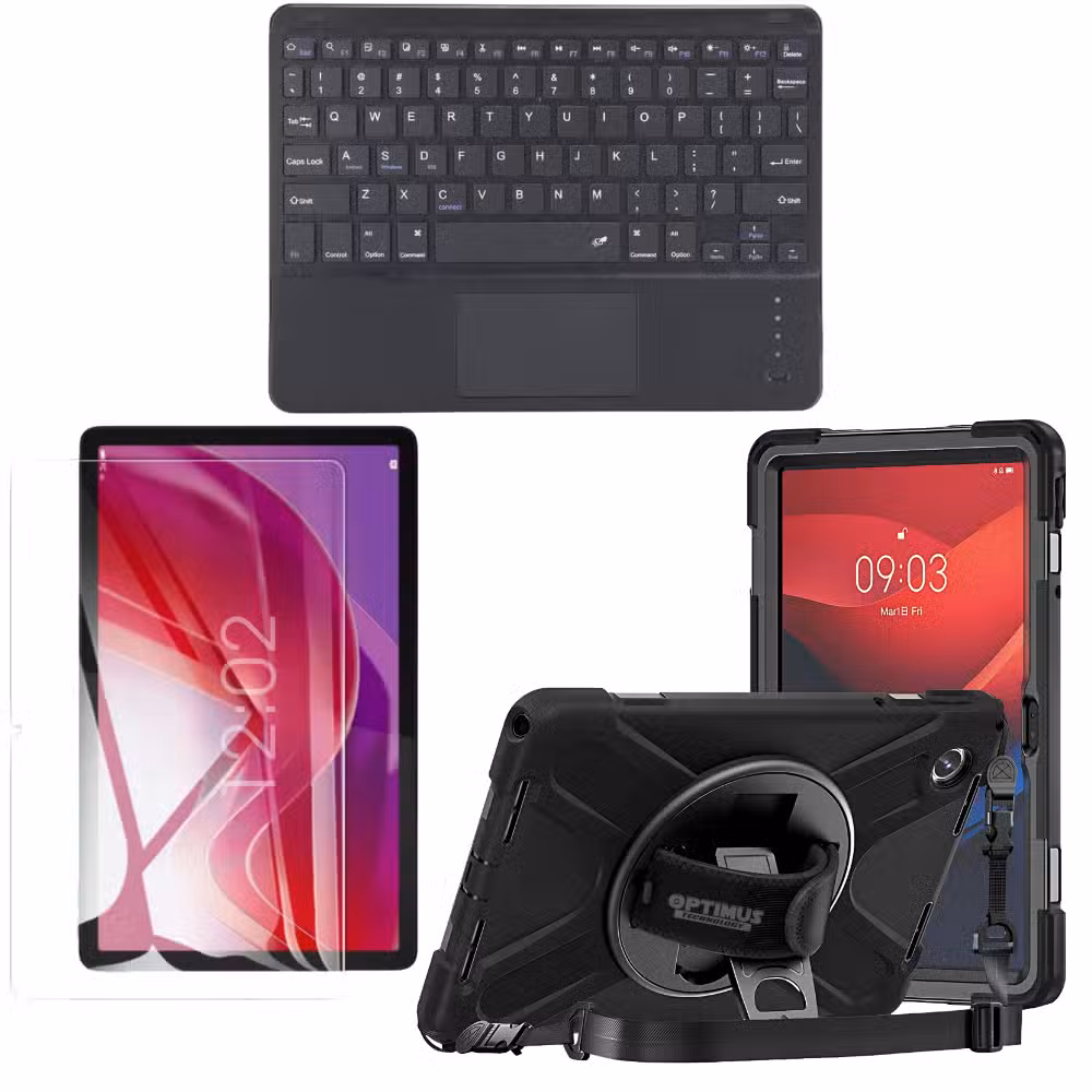 Kit para Lenovo Tab M11 con estuche antishock de correa 360°, vidrio templado y teclado Bluetooth negro con touchpad integrado.