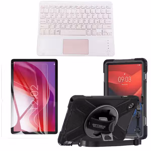 Kit para Lenovo Tab M11 con estuche antishock de correa 360°, vidrio templado y teclado Bluetooth blanco con touchpad rosa integrado.