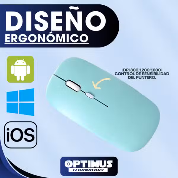 Mouse Bluetooth ergonómico con sensibilidad ajustable de 800, 1200 y 1600 DPI.