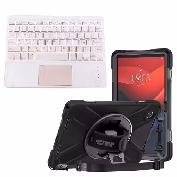Kit Lenovo Tab M11 con estuche de correa 360 grados y teclado blanco con teclas y touchpad rosa claro.