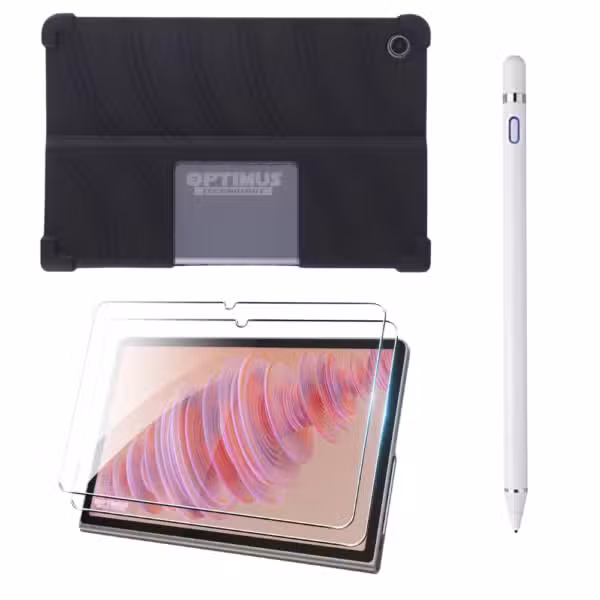 Estuche de goma para Lenovo Tab Plus TB351FU, lápiz óptico blanco y vidrios templados mostrados como componentes del combo.