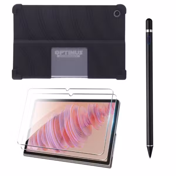 Estuche de goma para Lenovo Tab Plus TB351FU, lápiz óptico negro y vidrios templados mostrados como componentes del combo.