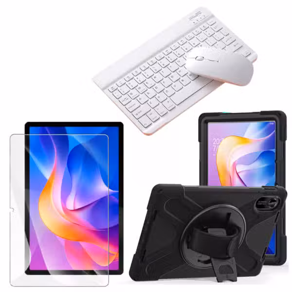 Kit estuche Anti-Shock 3 capas 360° para Xiaomi Redmi Pad 2 con vidrio templado 9H con teclado y mouse, variante color Blanco, vista completa sobre fondo blanco.