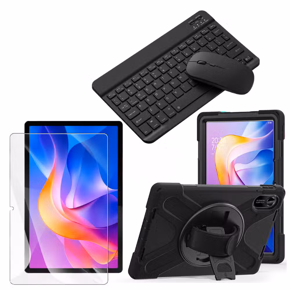 Kit estuche Anti-Shock 3 capas 360° para Xiaomi Redmi Pad 2 con vidrio templado 9H con teclado y mouse, variante color Negro, vista completa sobre fondo blanco.