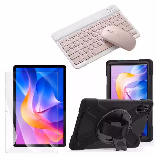 Kit estuche Anti-Shock 3 capas 360° para Xiaomi Redmi Pad 2 con vidrio templado 9H con teclado y mouse, variante color Rosa, vista completa sobre fondo blanco.