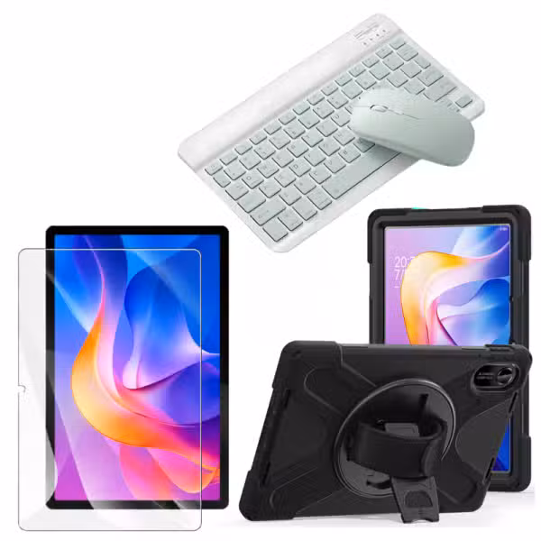Kit estuche Anti-Shock 3 capas 360° para Xiaomi Redmi Pad 2 con vidrio templado 9H con teclado y mouse, variante color Verde, vista completa sobre fondo blanco.