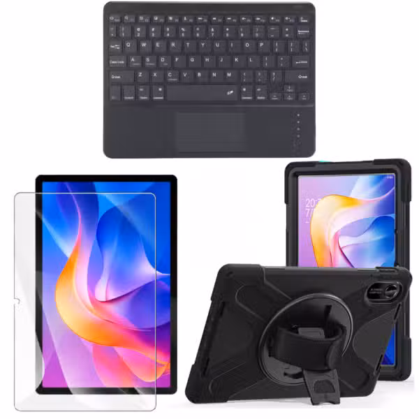 Kit estuche Anti-Shock 3 capas 360° para Xiaomi Redmi Pad 2 con vidrio templado 9H con teclado Touchpad, sin mouse separado, variante color Negro, vista completa sobre fondo blanco.