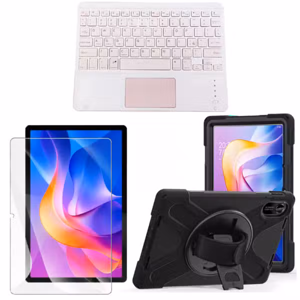 Kit estuche Anti-Shock 3 capas 360° para Xiaomi Redmi Pad 2 con vidrio templado 9H con teclado Touchpad, sin mouse separado, variante color Rosa, vista completa sobre fondo blanco.