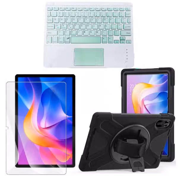 Kit estuche Anti-Shock 3 capas 360° para Xiaomi Redmi Pad 2 con vidrio templado 9H con teclado Touchpad, sin mouse separado, variante color Verde, vista completa sobre fondo blanco.