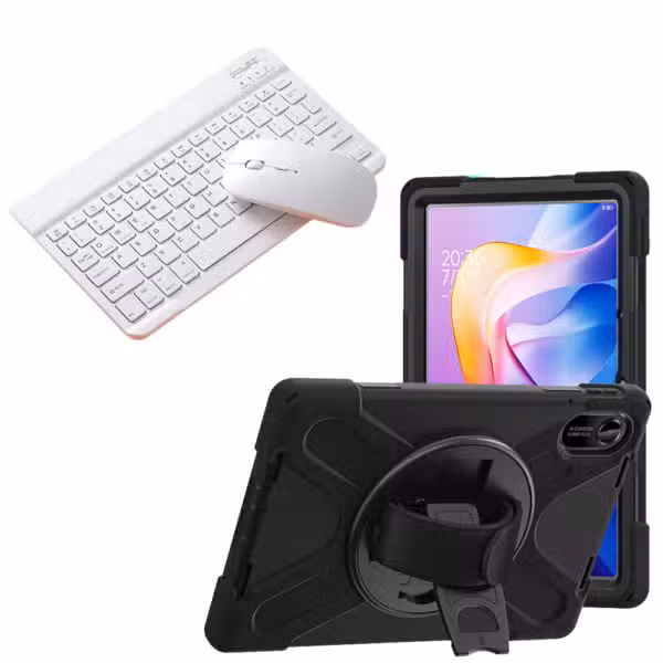 Kit estuche Anti-Shock 3 capas 360° para Xiaomi Redmi Pad 2 con teclado y mouse, variante color Blanco, vista completa sobre fondo blanco.
