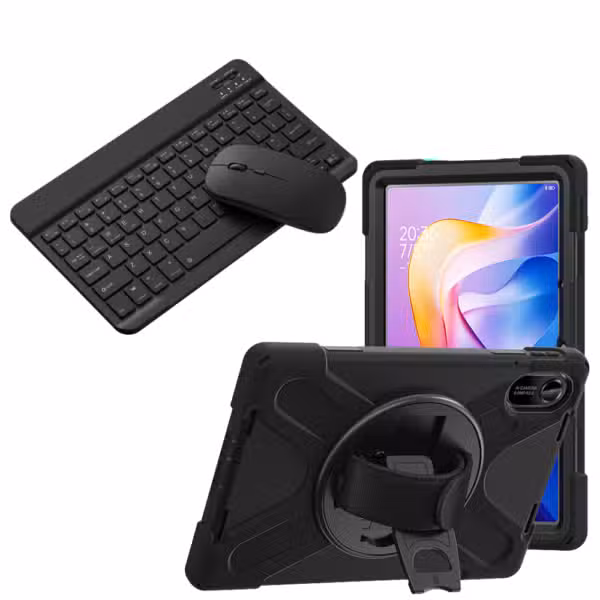Kit estuche Anti-Shock 3 capas 360° para Xiaomi Redmi Pad 2 con teclado y mouse, variante color Negro, vista completa sobre fondo blanco.