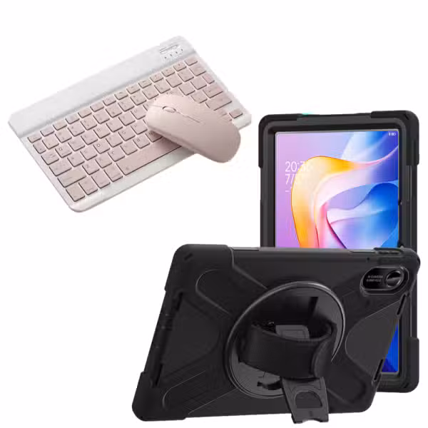 Kit estuche Anti-Shock 3 capas 360° para Xiaomi Redmi Pad 2 con teclado y mouse, variante color Rosa, vista completa sobre fondo blanco.