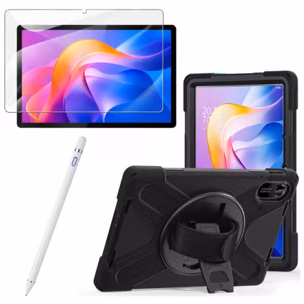 Kit estuche Anti-Shock 3 capas 360° para Xiaomi Redmi Pad 2 con vidrio templado 9H y lápiz óptico, variante color Blanco, vista completa sobre fondo blanco.