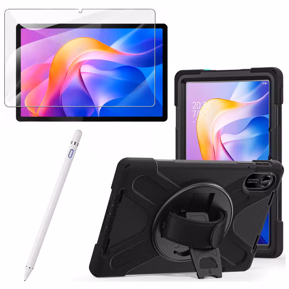 Kit estuche Anti-Shock 3 capas 360° para Xiaomi Redmi Pad 2 con vidrio templado 9H y lápiz óptico, variante color Blanco, vista completa sobre fondo blanco.