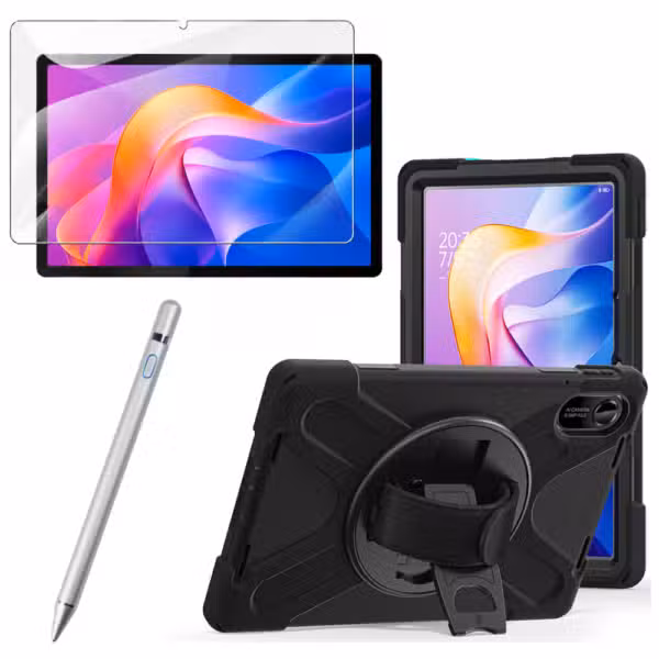 Kit estuche Anti-Shock 3 capas 360° para Xiaomi Redmi Pad 2 con vidrio templado 9H y lápiz óptico, variante color Gris, vista completa sobre fondo blanco.