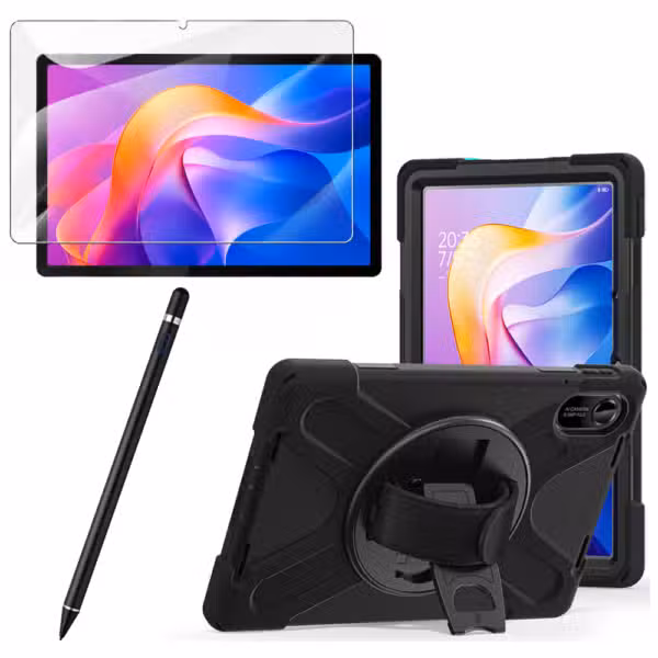 Kit estuche Anti-Shock 3 capas 360° para Xiaomi Redmi Pad 2 con vidrio templado 9H y lápiz óptico, variante color Negro, vista completa sobre fondo blanco.