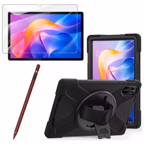 Kit estuche Anti-Shock 3 capas 360° para Xiaomi Redmi Pad 2 con vidrio templado 9H y lápiz óptico, variante color Rojo, vista completa sobre fondo blanco.