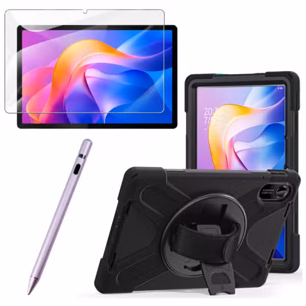 Kit estuche Anti-Shock 3 capas 360° para Xiaomi Redmi Pad 2 con vidrio templado 9H y lápiz óptico, variante color Rose Gold, vista completa sobre fondo blanco.