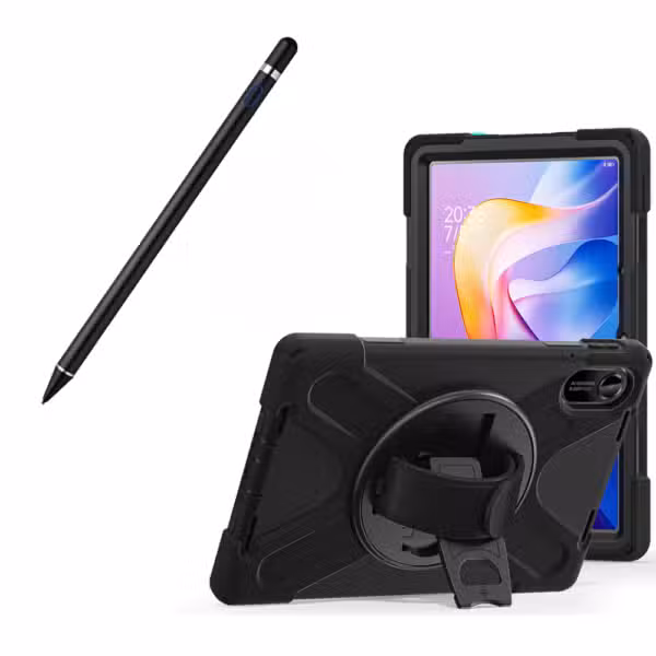Kit estuche Anti-Shock 3 capas 360° para Xiaomi Redmi Pad 2 y lápiz óptico, variante color Negro, vista completa sobre fondo blanco.