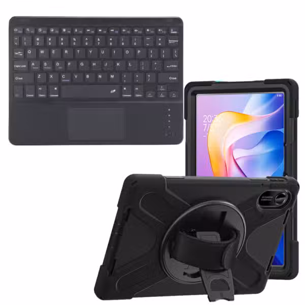 Kit estuche Anti-Shock 3 capas 360° para Xiaomi Redmi Pad 2 con teclado Touchpad, sin mouse separado, variante color Negro, vista completa sobre fondo blanco.