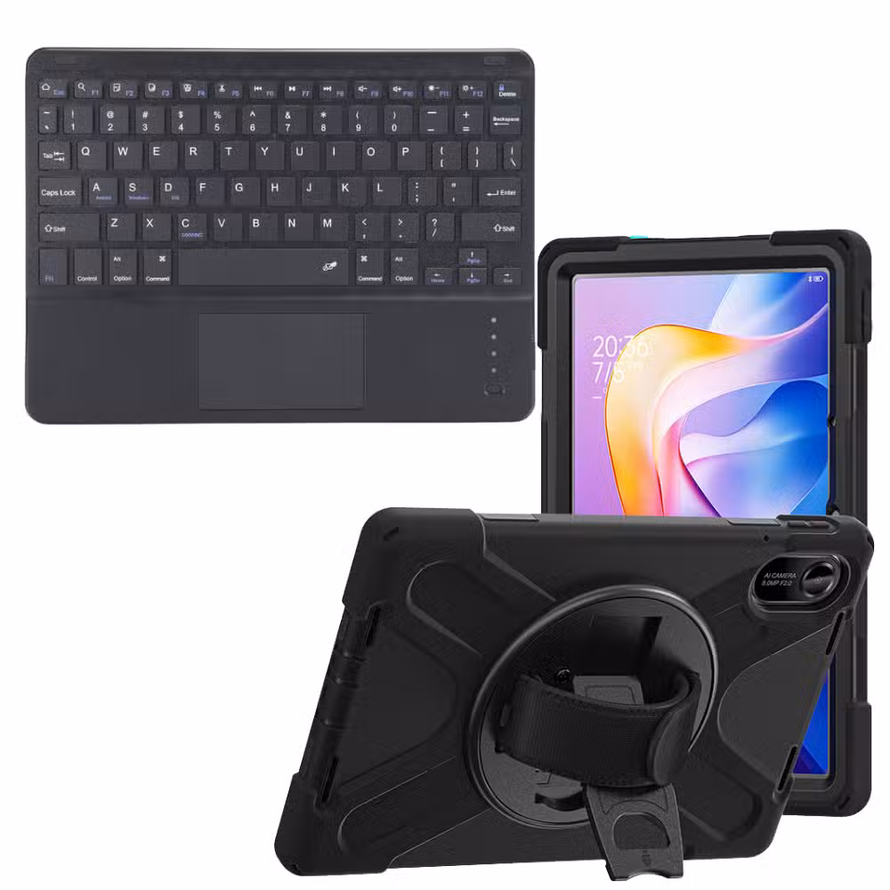 Kit estuche Anti-Shock 3 capas 360° para Xiaomi Redmi Pad 2 con teclado Touchpad, sin mouse separado, variante color Negro, vista completa sobre fondo blanco.